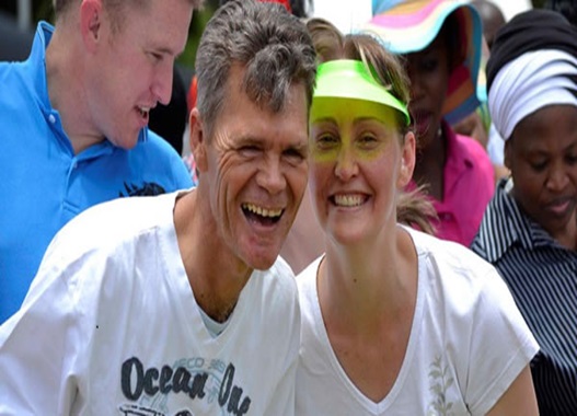 man and women in team building